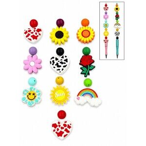 20pc Silicone Focal & Round Beads Mix Cow Hearts Sunflowers Rainbow Rose